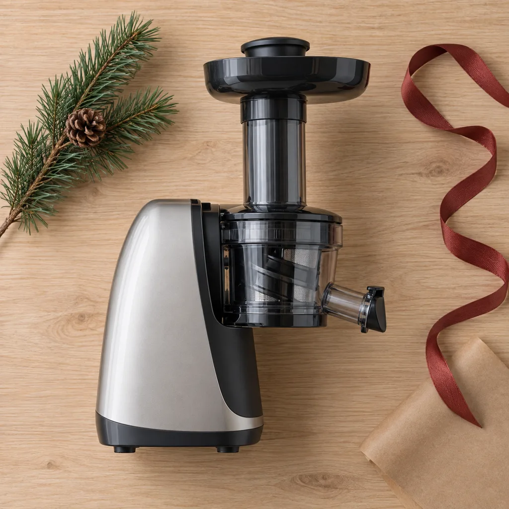 Representative photo-style image of quiet masticating slow juicer — generated, not a specific product