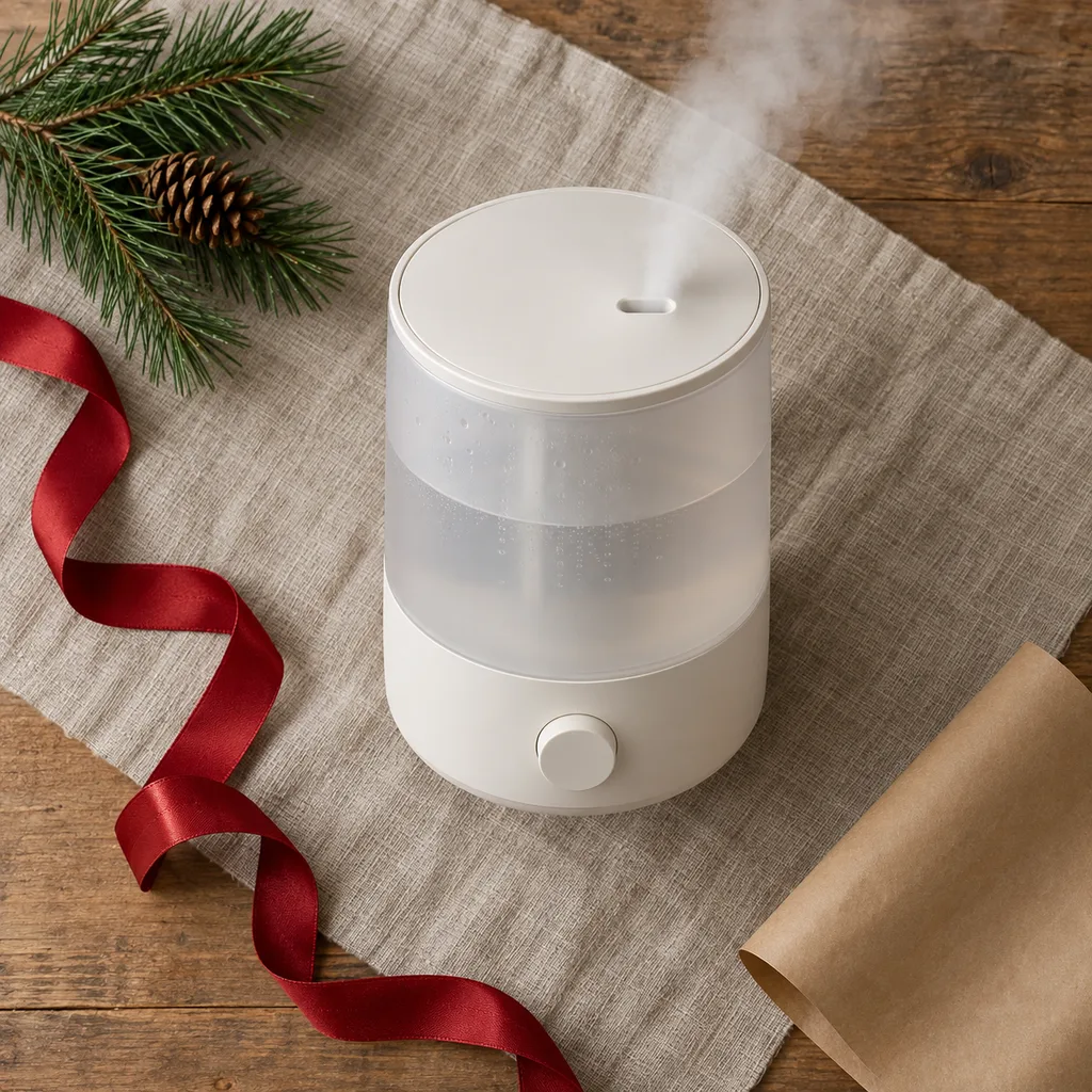 Representative photo-style image of quiet ultrasonic humidifier — generated, not a specific product