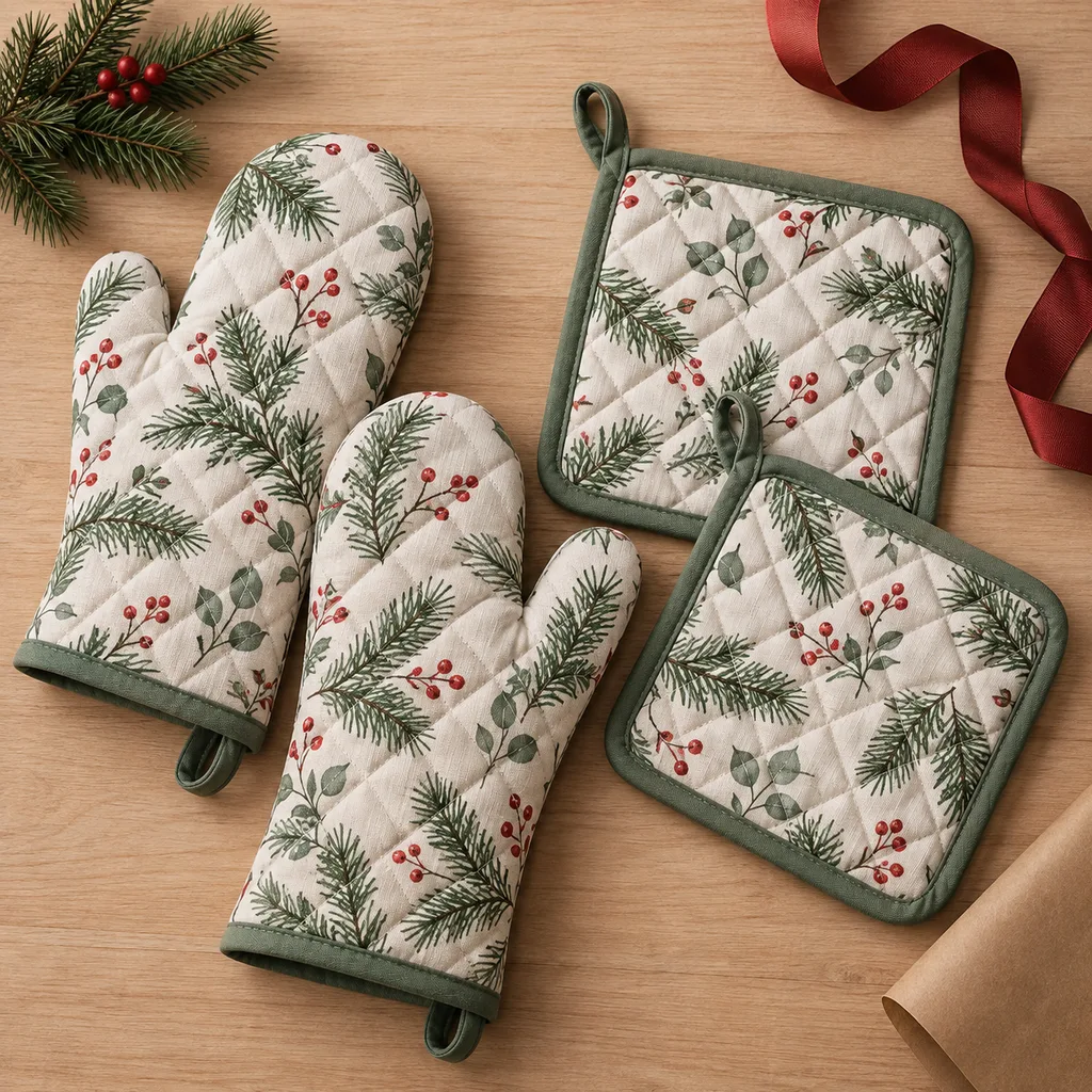 Representative photo-style image of quilted fabric pot holder set — generated, not a specific product