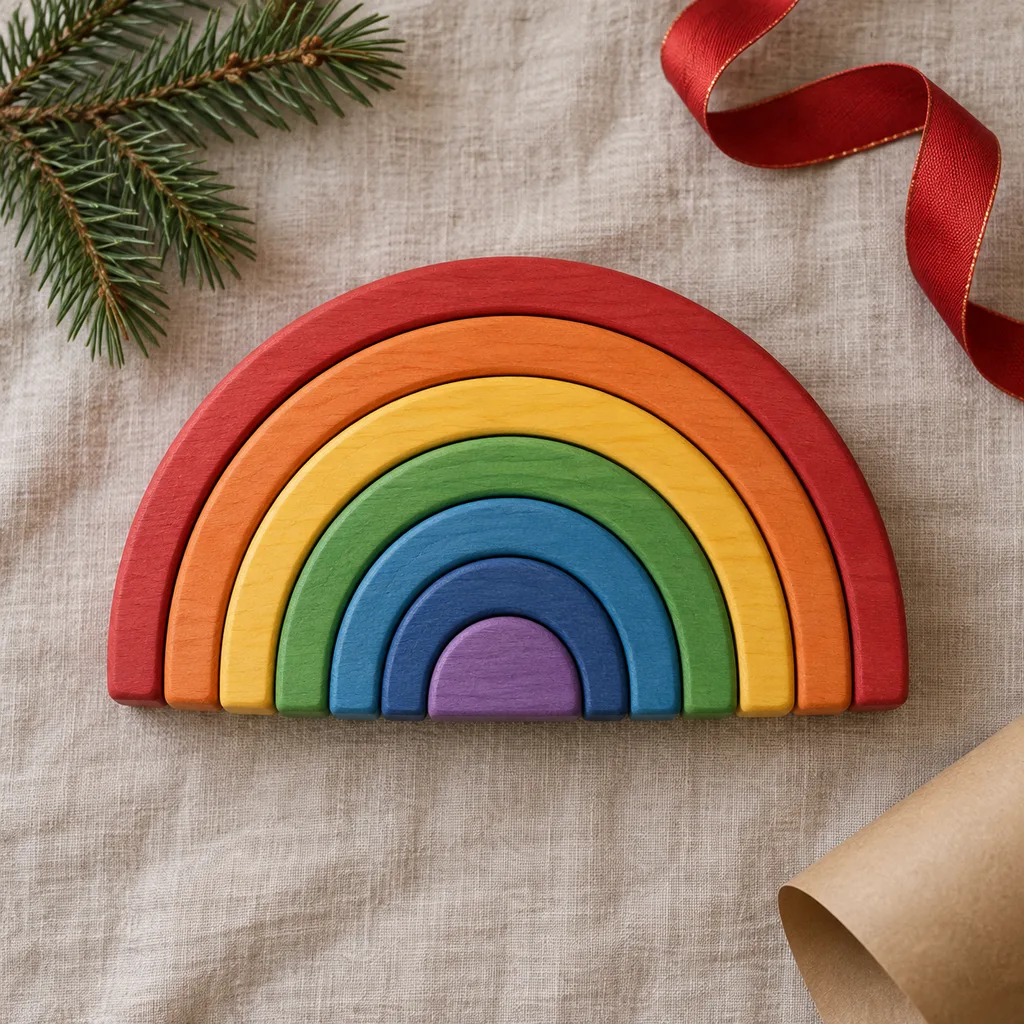 Representative photo-style image of rainbow arch nesting stacking blocks — generated, not a specific product