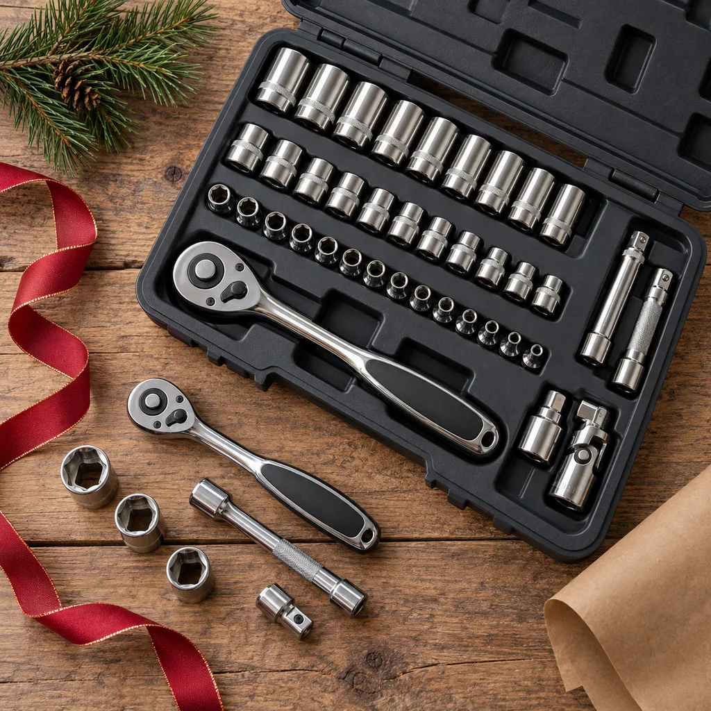 Representative photo-style image of ratcheting socket wrench set — generated, not a specific product