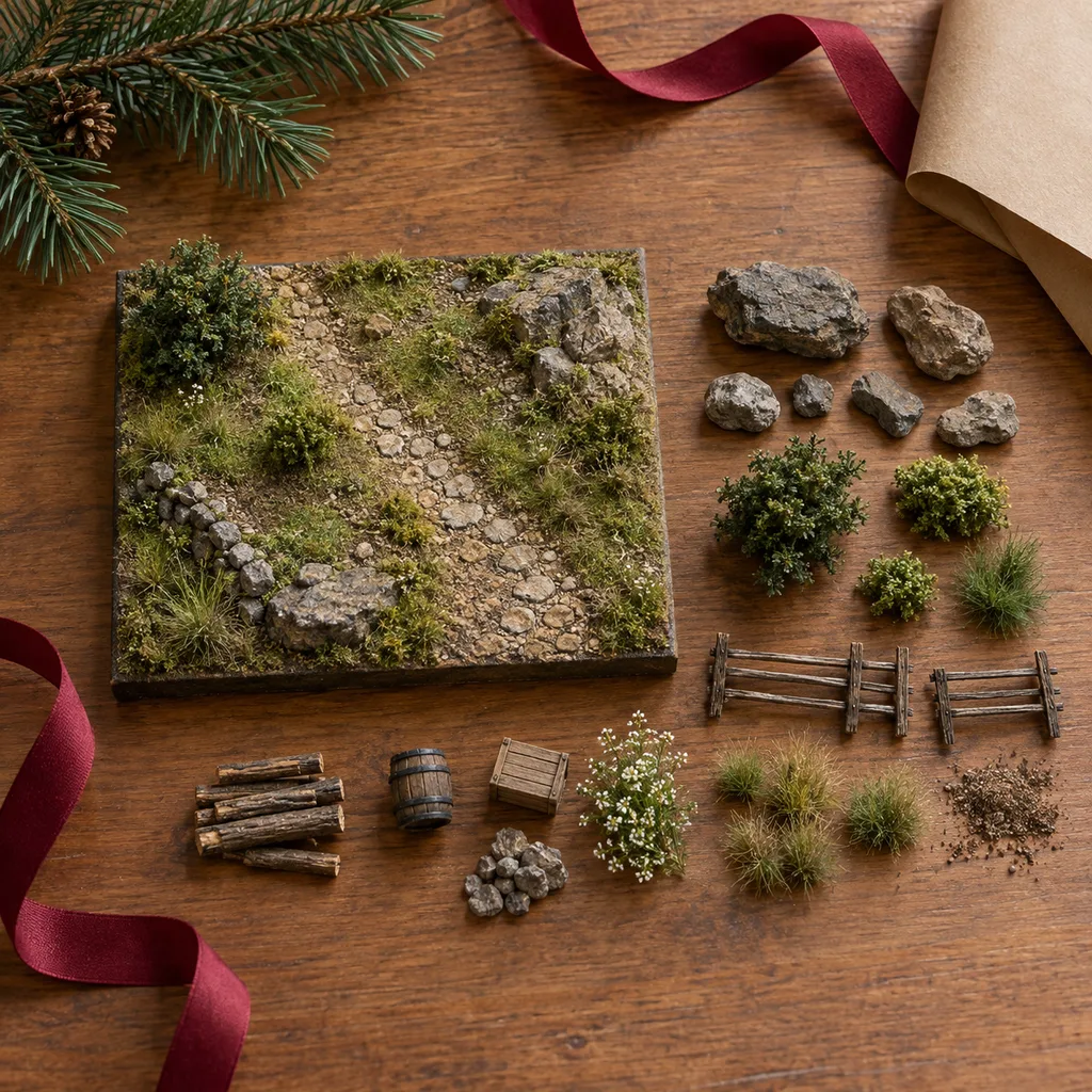 Representative photo-style image of realistic diorama base and accessory kit — generated, not a specific product
