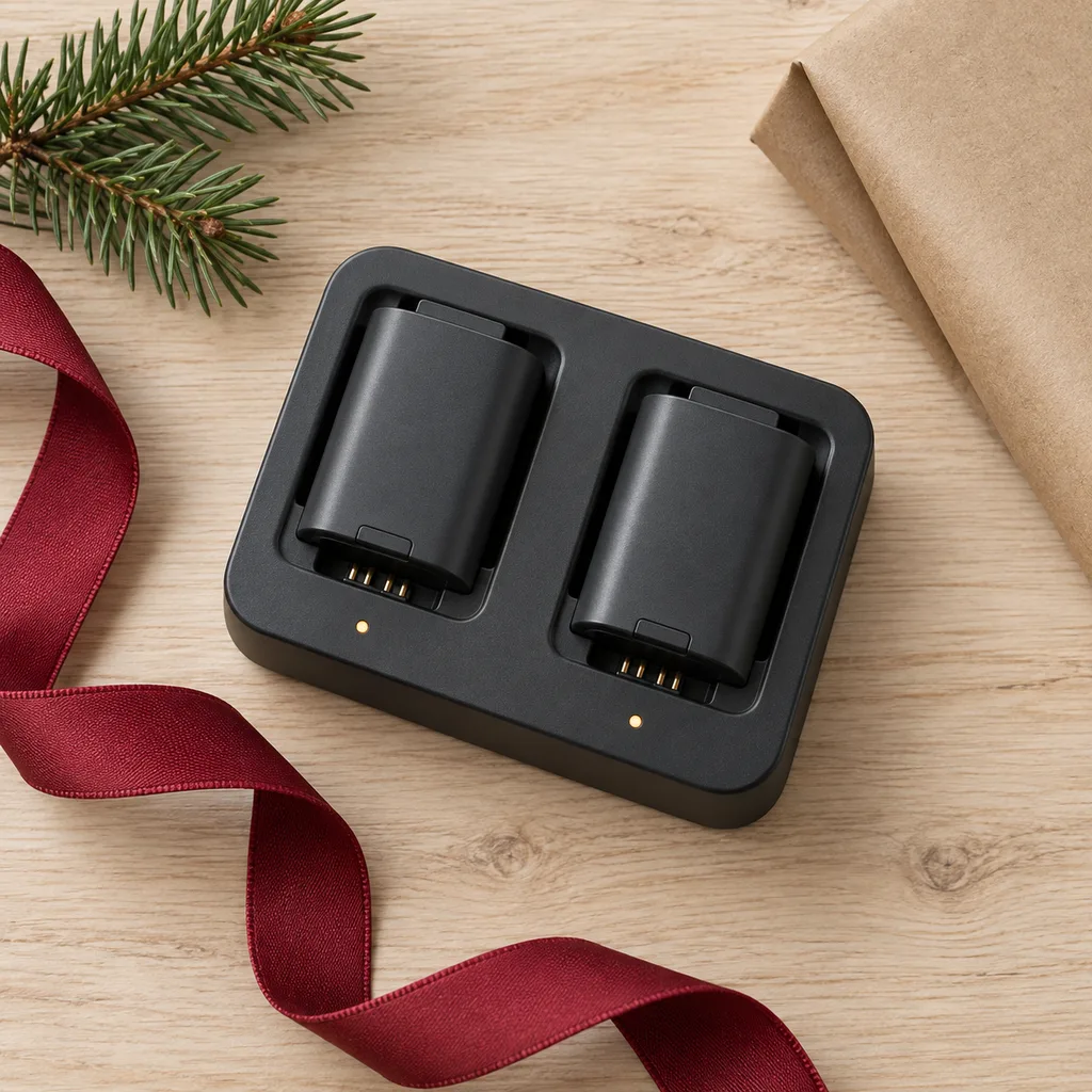 Representative photo-style image of rechargeable controller battery pack charging station — generated, not a specific product