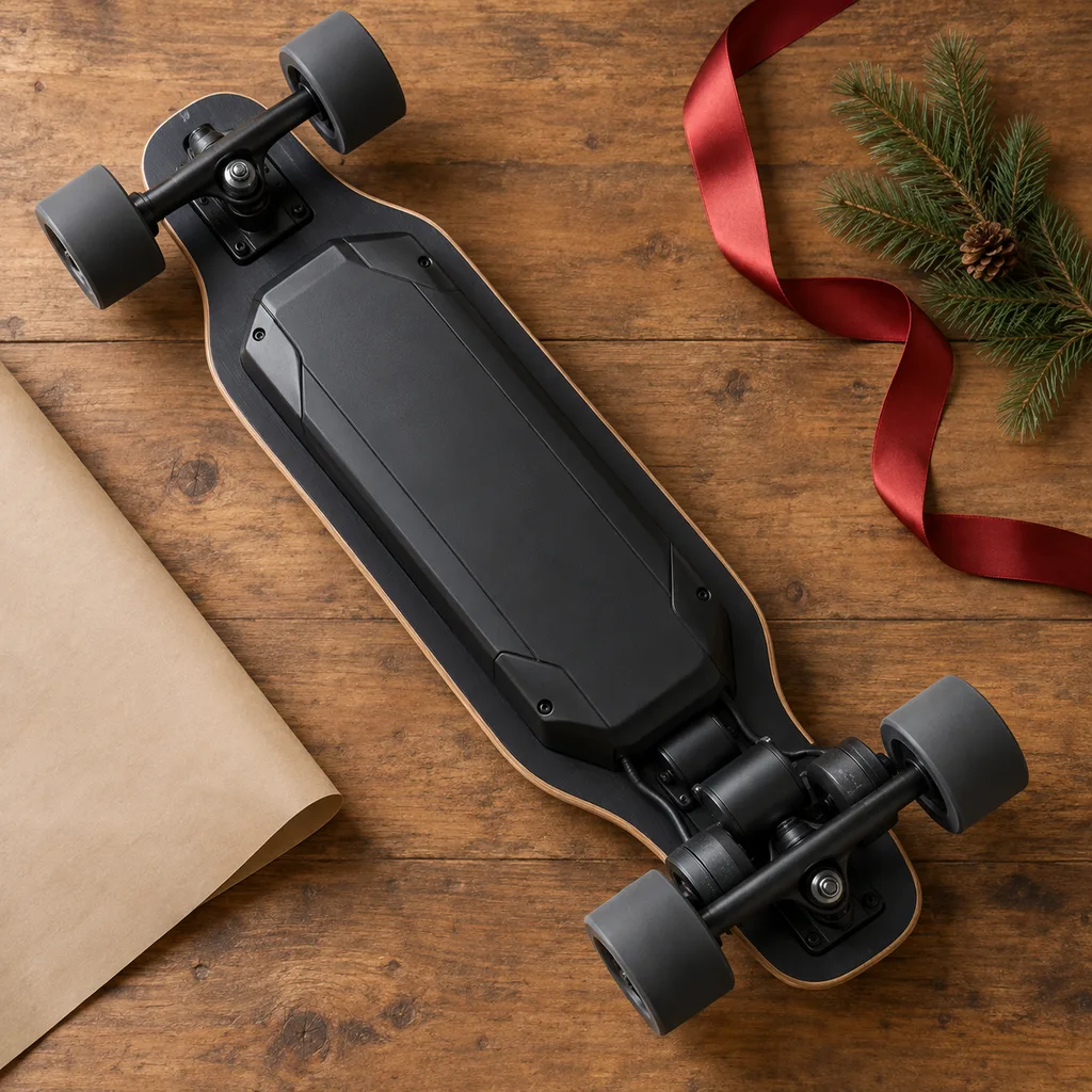 Representative photo-style image of rechargeable electric skateboard — generated, not a specific product