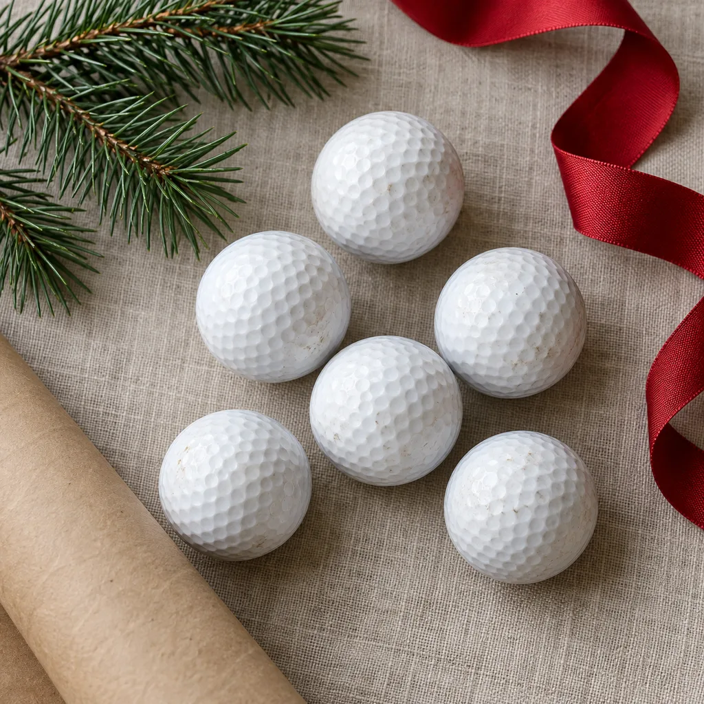 Representative photo-style image of recycled golf balls — generated, not a specific product