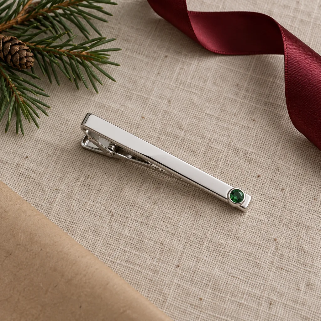 Representative photo-style image of refined gemstone accent tie clip — generated, not a specific product