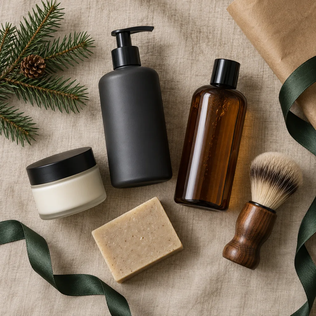 Representative photo-style image of refined men's grooming essentials set — generated, not a specific product