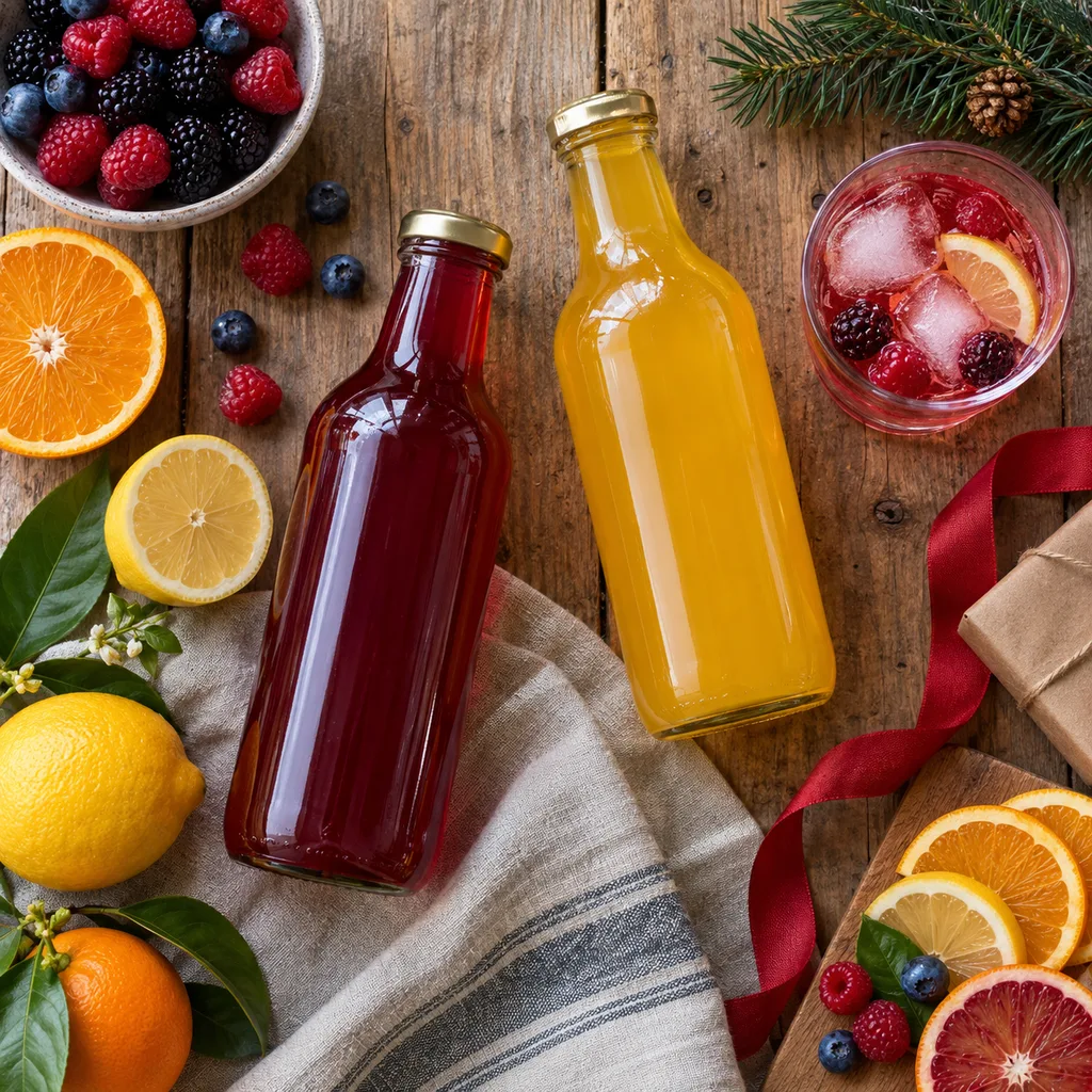 Representative photo-style image of refreshing fruit cordial concentrates — generated, not a specific product