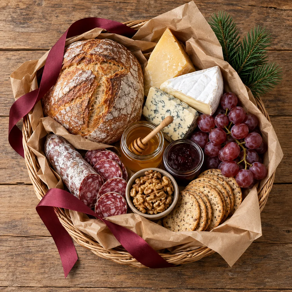 Representative photo-style image of regional culinary delights gift basket — generated, not a specific product
