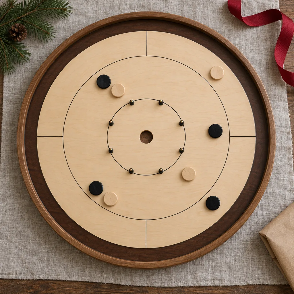 Representative photo-style image of regulation tournament crokinole board — generated, not a specific product