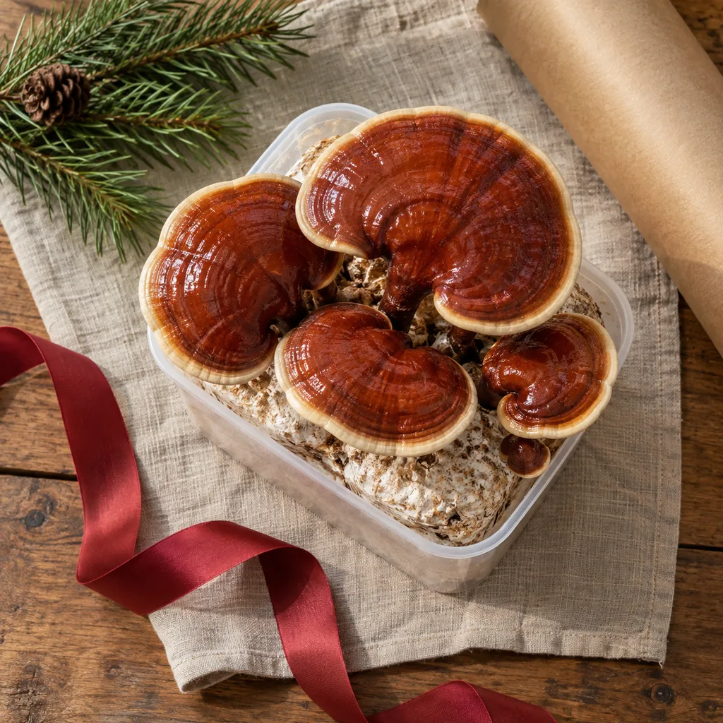 Representative photo-style image of reishi mushroom wellness cultivation kit — generated, not a specific product
