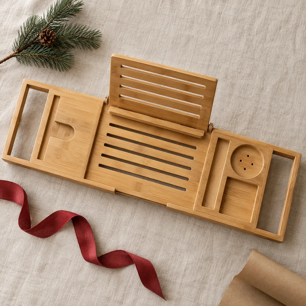 Representative photo-style image of relaxing bathtub book caddy — generated, not a specific product