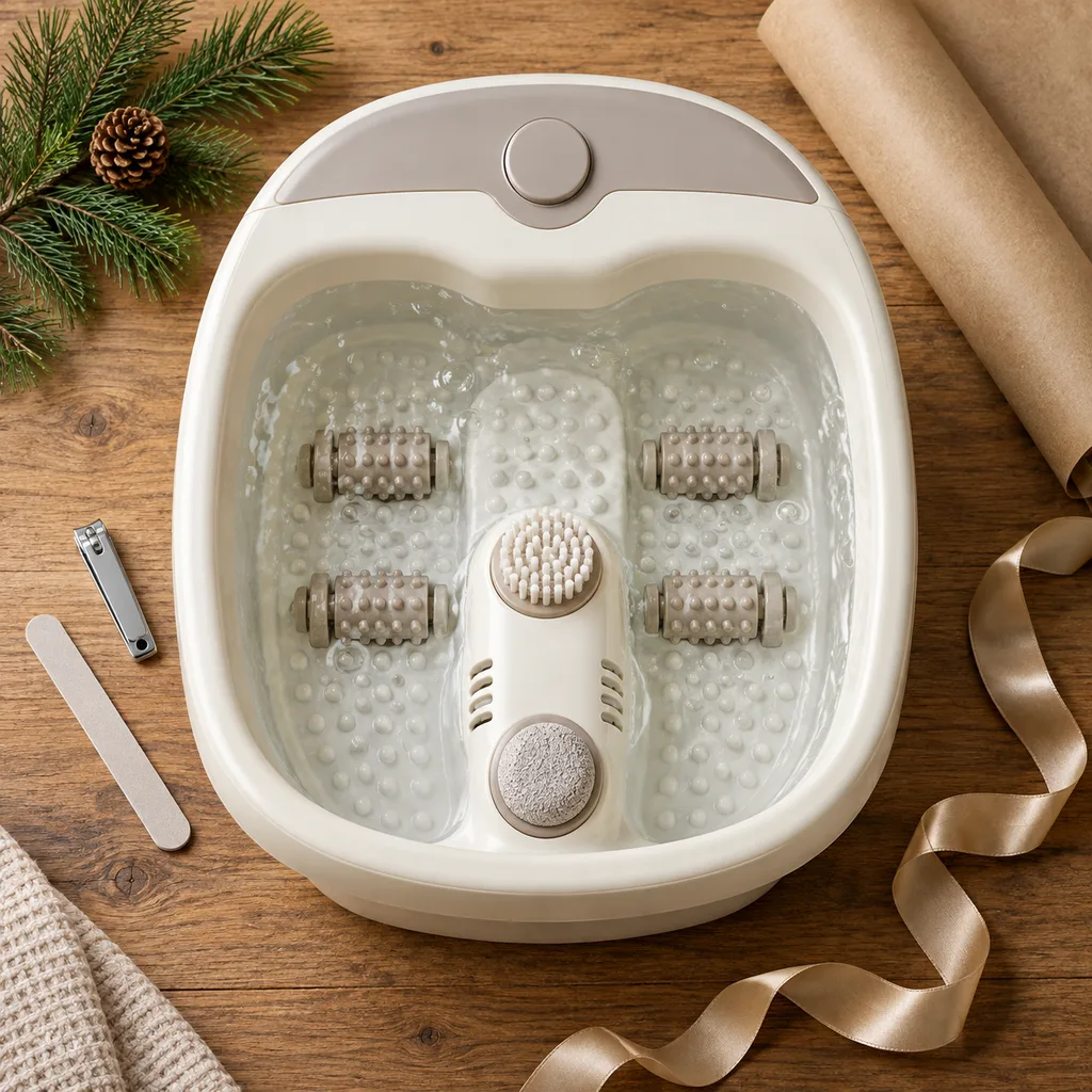 Representative photo-style image of relaxing foot spa with pedicure features — generated, not a specific product