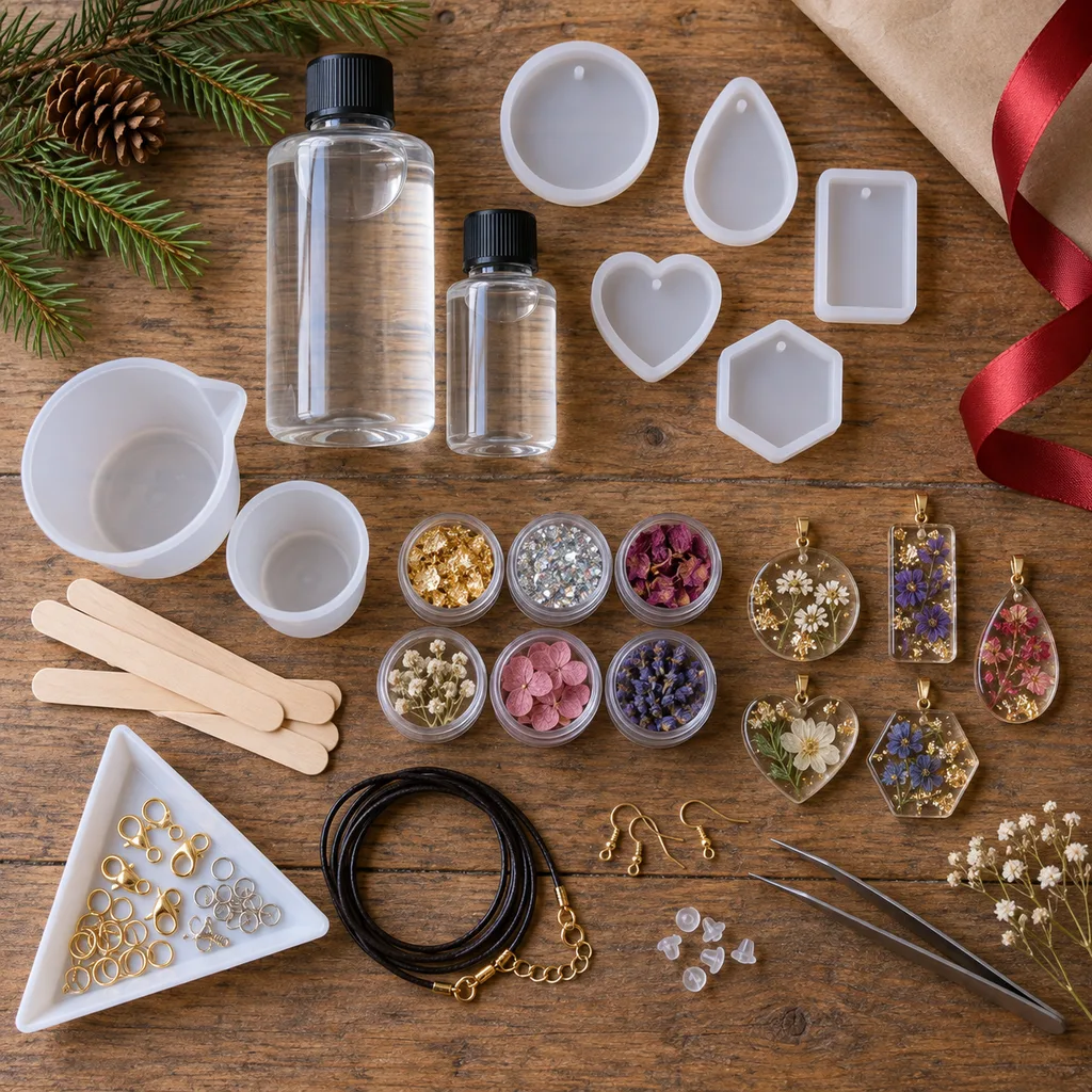 Representative photo-style image of resin art jewelry creation kit — generated, not a specific product