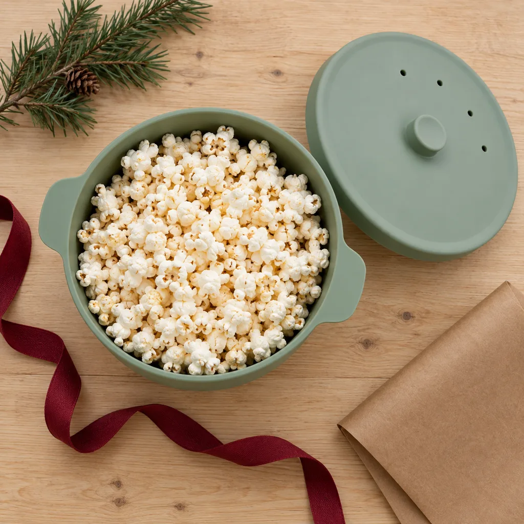 Representative photo-style image of reusable microwave popcorn bowl — generated, not a specific product