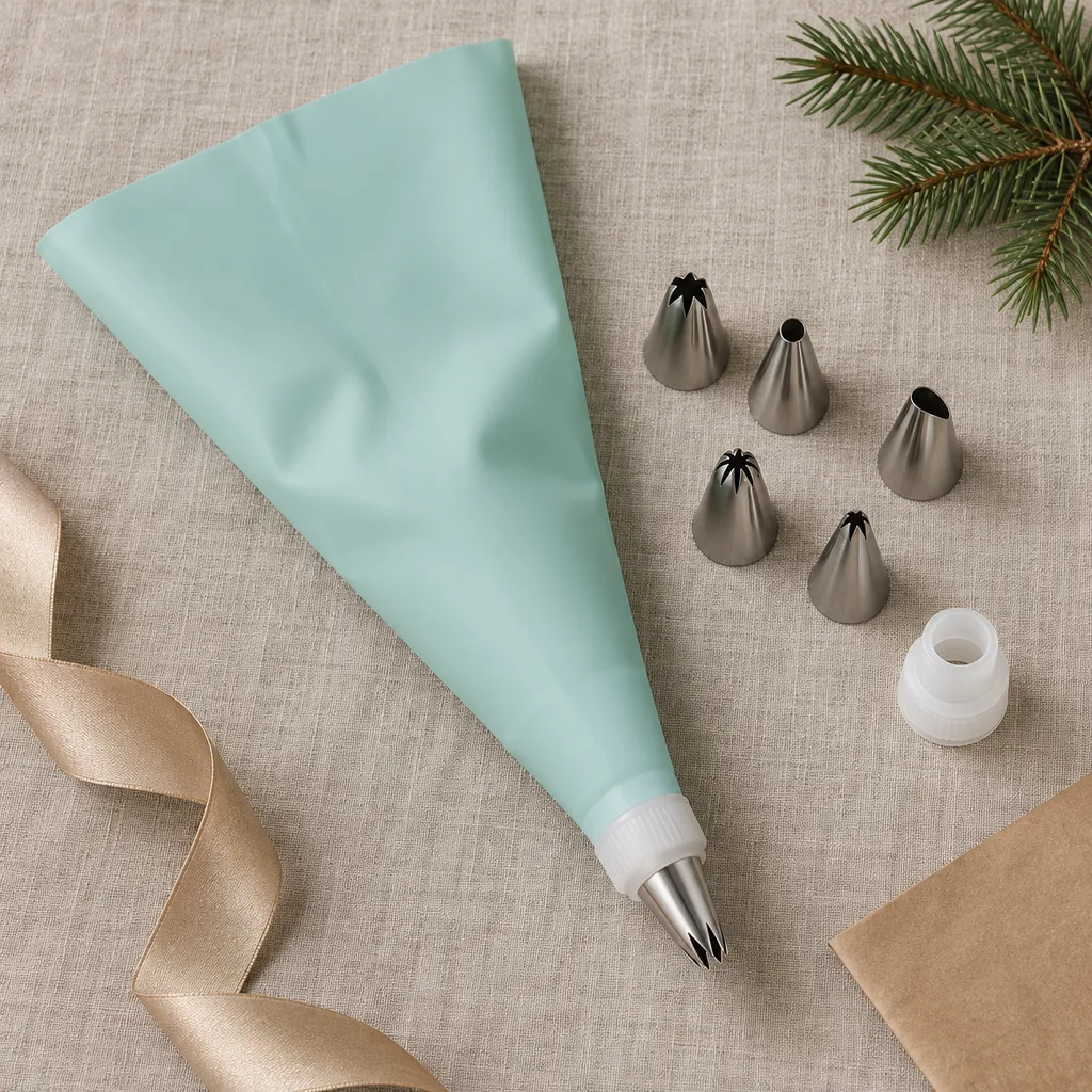 Representative photo-style image of reusable piping bag and nozzle set — generated, not a specific product