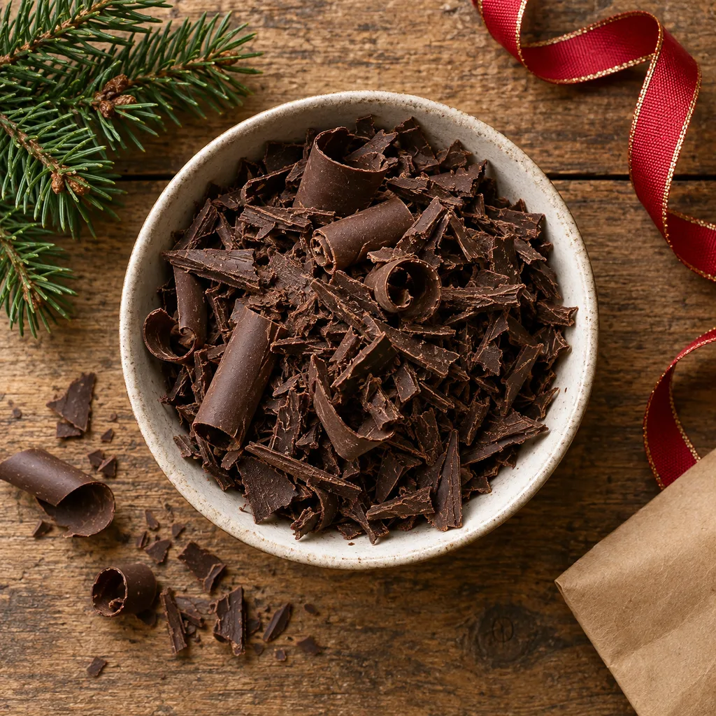 Representative photo-style image of rich dark chocolate shavings for beverages — generated, not a specific product