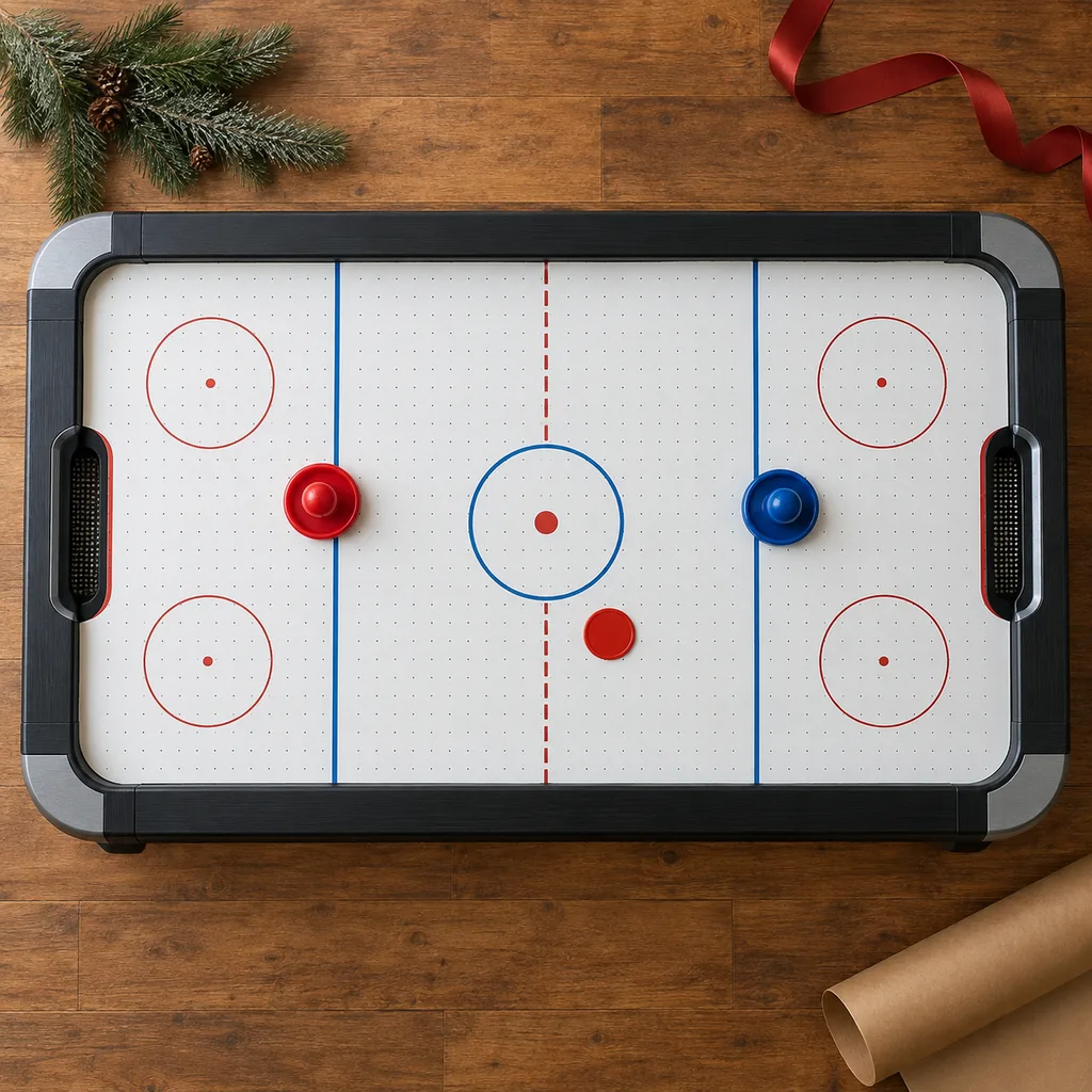 Representative photo-style image of robust arcade-style air hockey table — generated, not a specific product