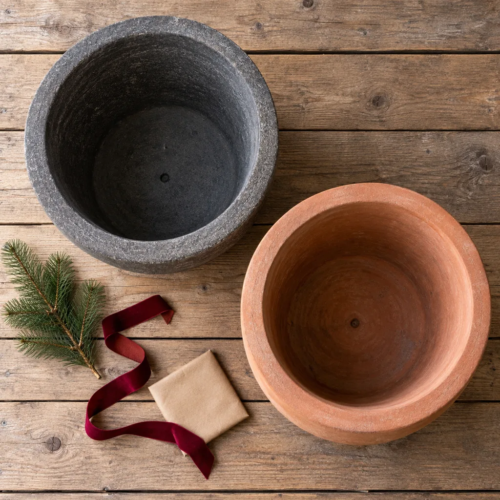 Representative photo-style image of robust large outdoor container planters — generated, not a specific product