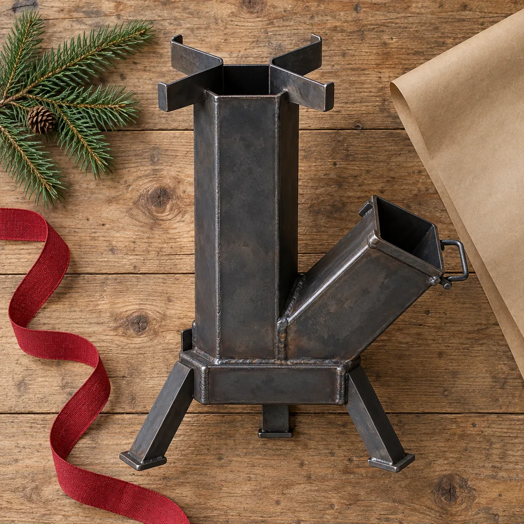Representative photo-style image of robust outdoor rocket stove — generated, not a specific product