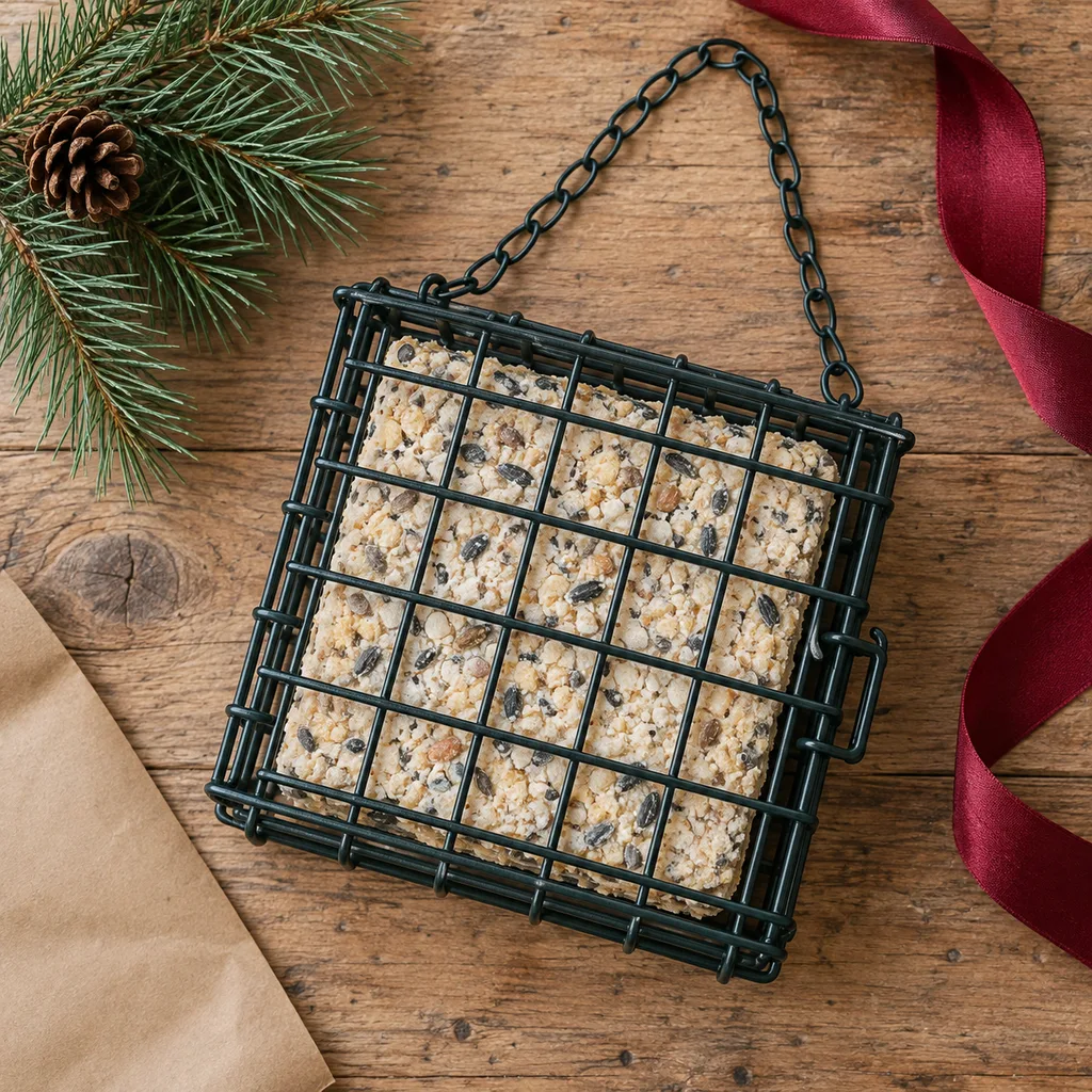 Representative photo-style image of robust suet cake bird feeder — generated, not a specific product