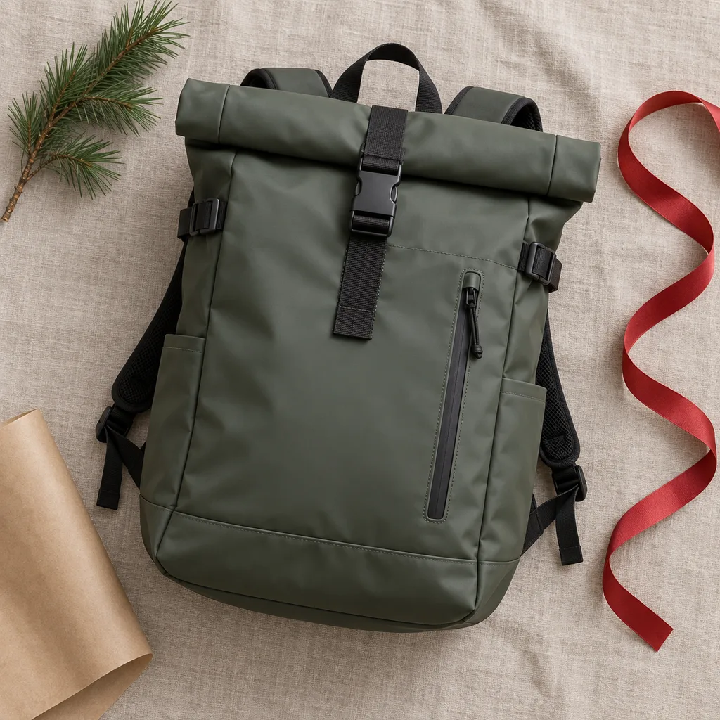 Representative photo-style image of roll-top weatherproof backpack — generated, not a specific product