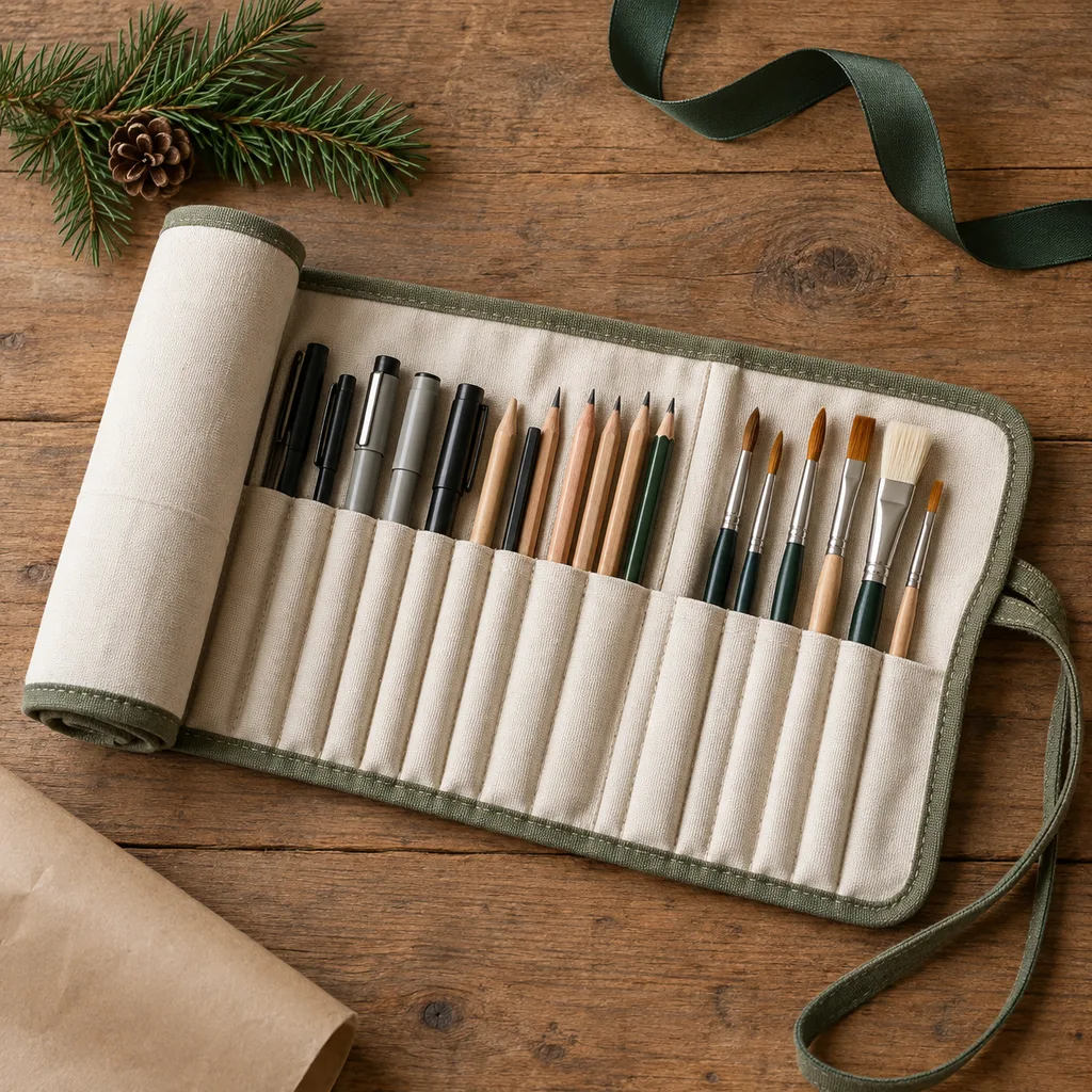 Representative photo-style image of roll-up pen and brush organizer — generated, not a specific product