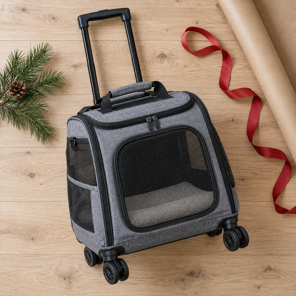 Representative photo-style image of rolling pet carrier with wheels — generated, not a specific product