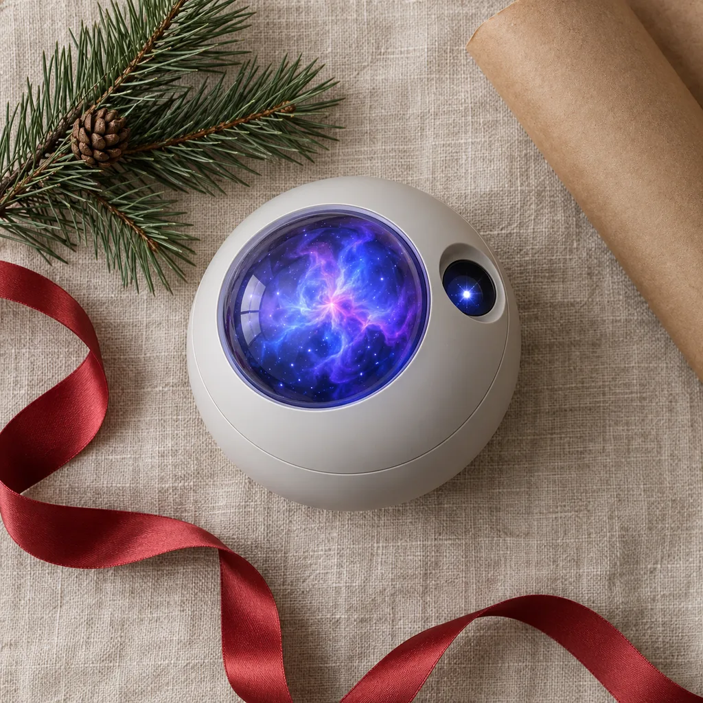 Representative photo-style image of rotating nebula and star projector — generated, not a specific product