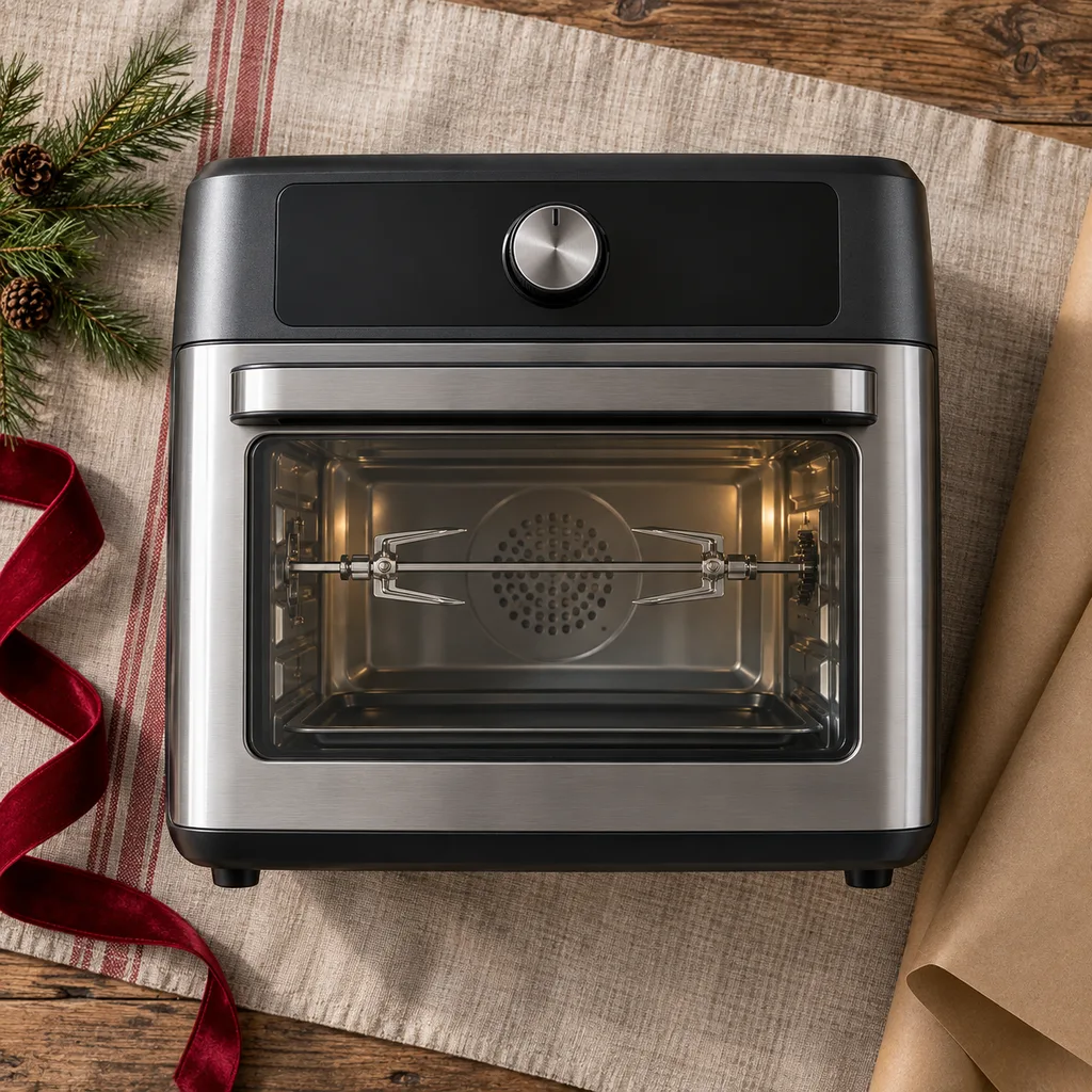 Representative photo-style image of rotisserie capable air fryer — generated, not a specific product