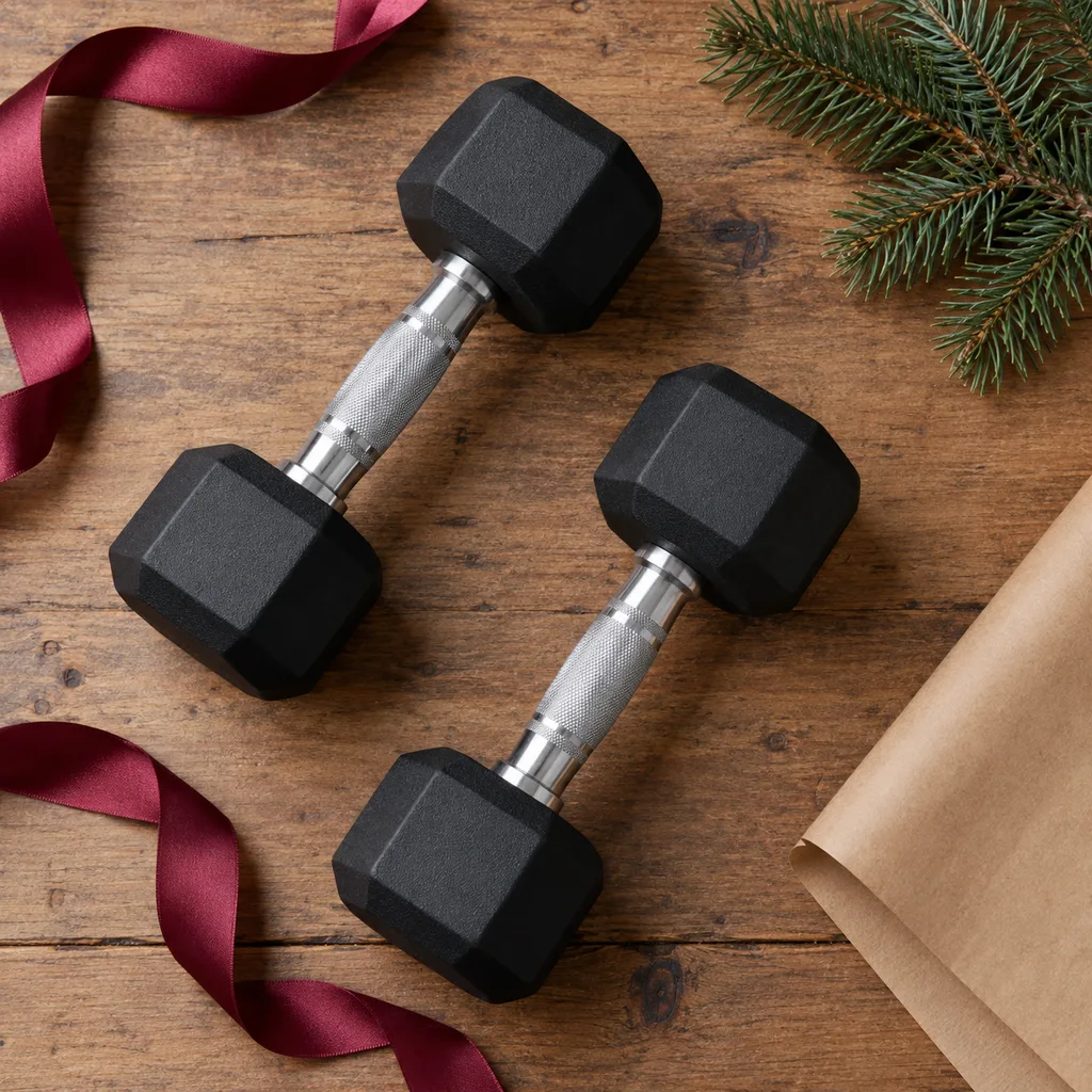 Representative photo-style image of rubber hex dumbbell pair — generated, not a specific product