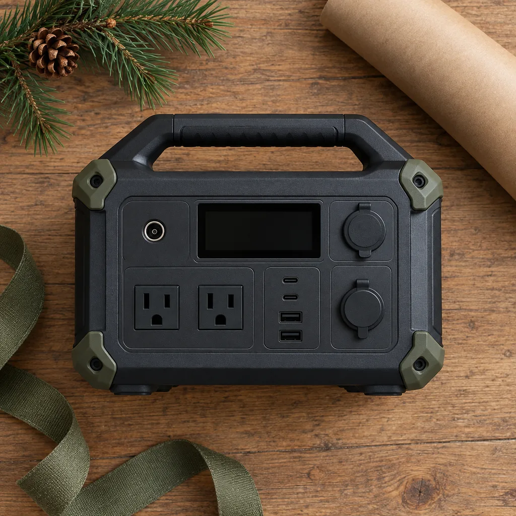 Representative photo-style image of rugged outdoor adventure power hub — generated, not a specific product