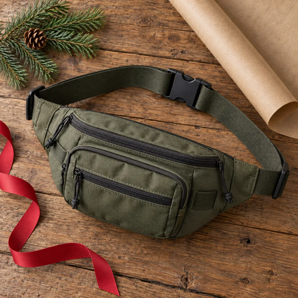 Representative photo-style image of rugged outdoor adventure waist pouch — generated, not a specific product