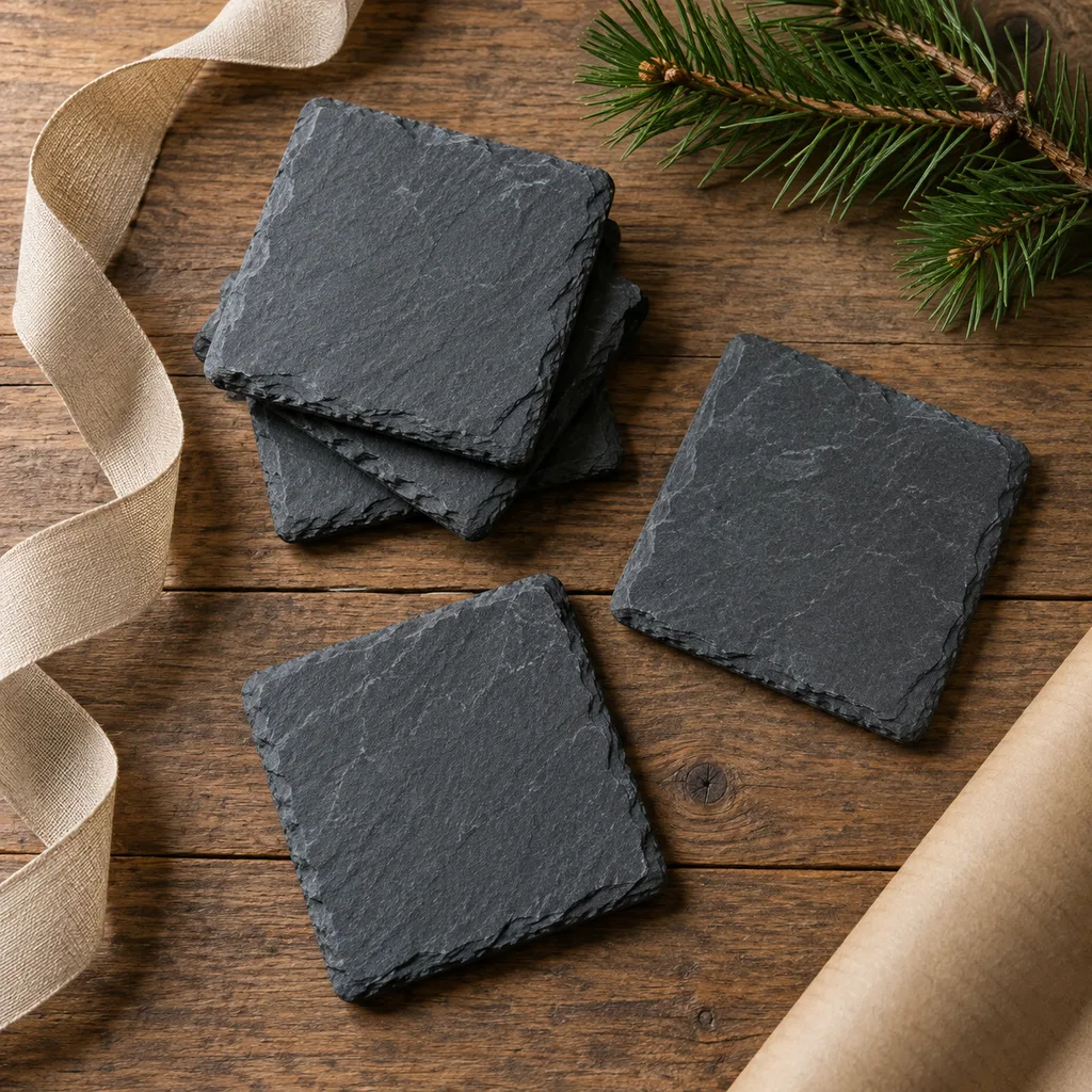 Representative photo-style image of rustic slate stone coasters — generated, not a specific product