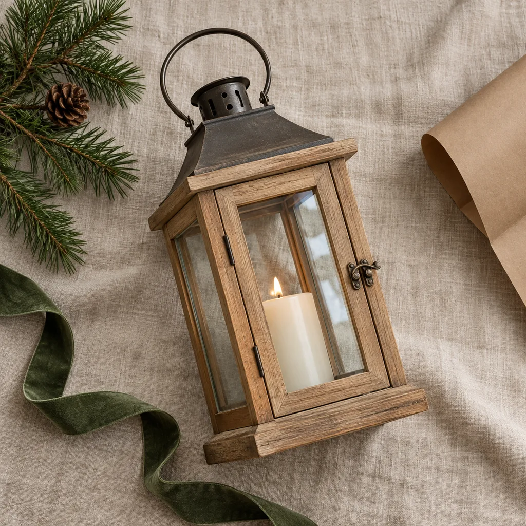 Representative photo-style image of rustic wood and glass lantern — generated, not a specific product
