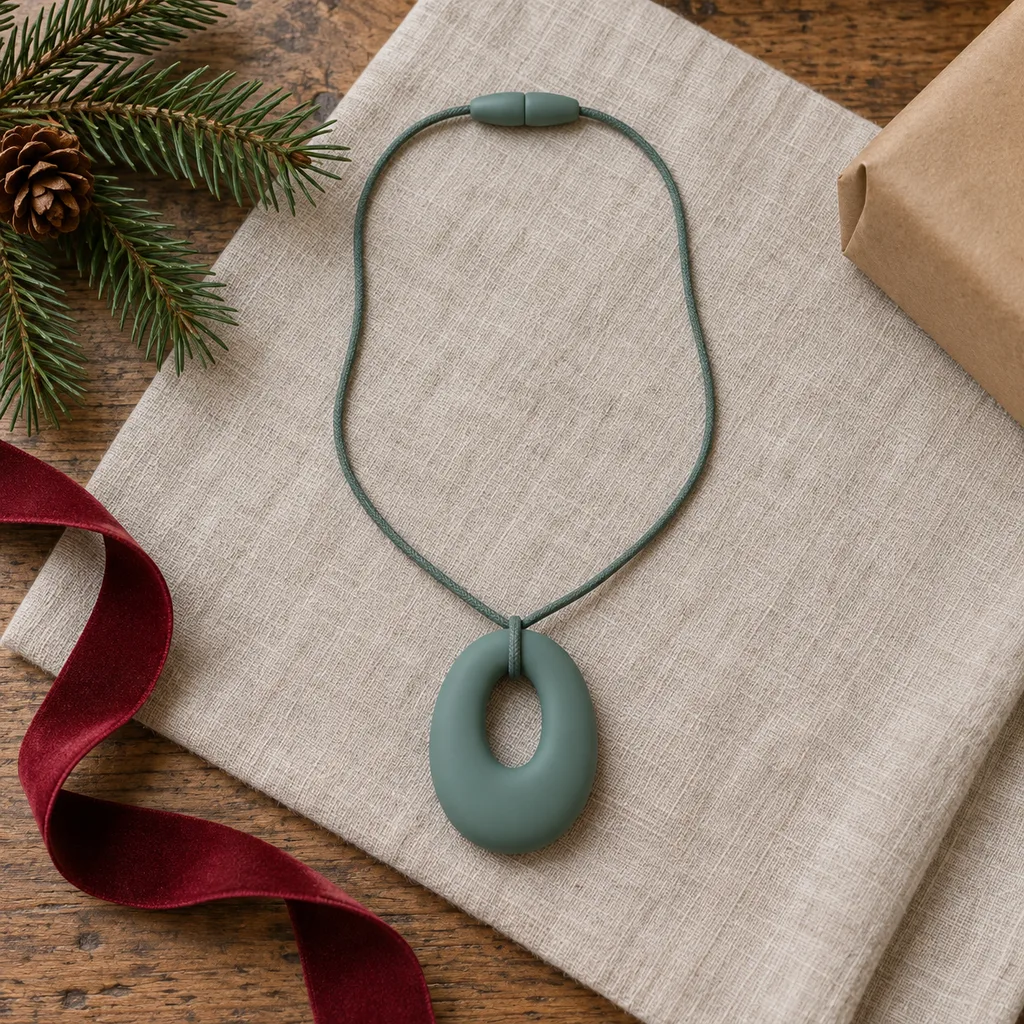 Representative photo-style image of safe sensory chewelry necklace — generated, not a specific product