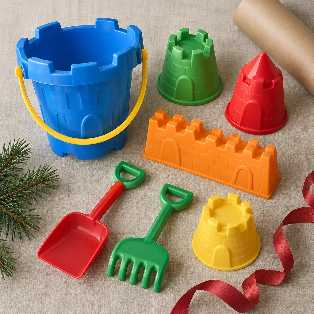Representative photo-style image of sand castle building kit — generated, not a specific product