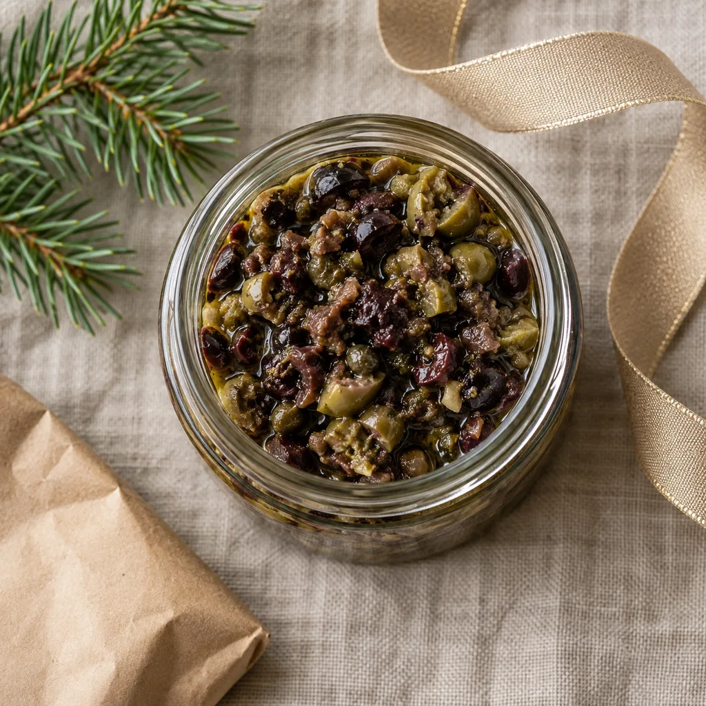 Representative photo-style image of savory olive tapenade jar — generated, not a specific product