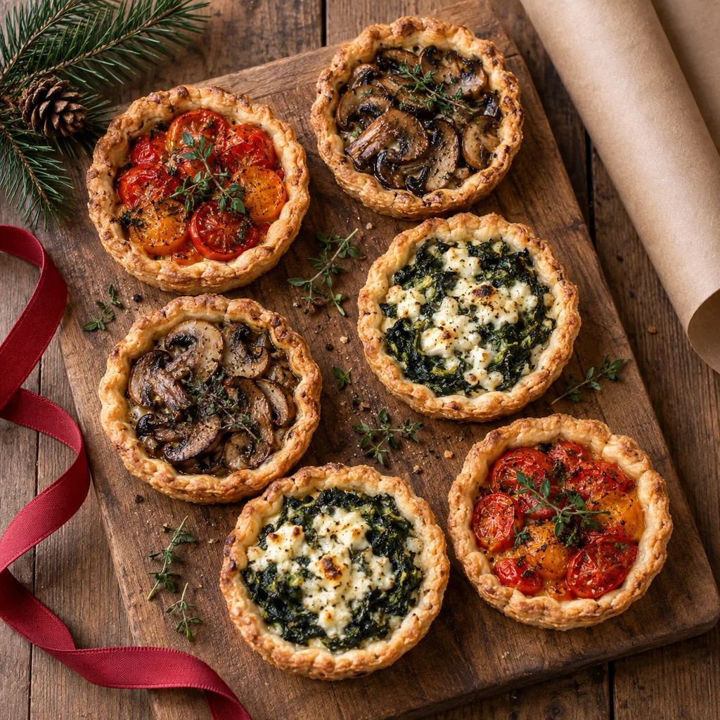 Representative photo-style image of savory tart selection — generated, not a specific product