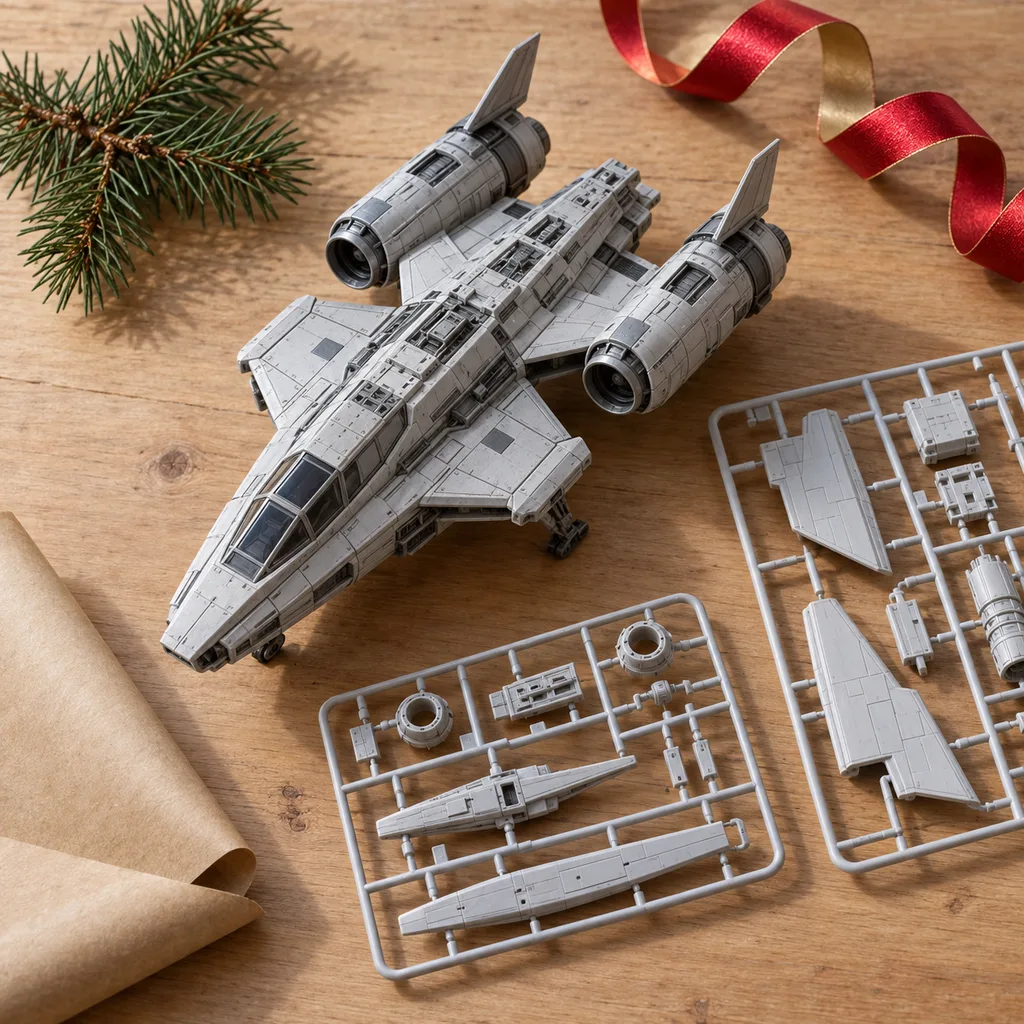 Representative photo-style image of science fiction spaceship model kit — generated, not a specific product