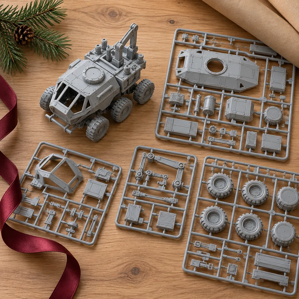 Representative photo-style image of science fiction vehicle model kit — generated, not a specific product