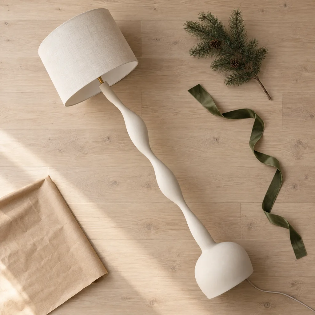 Representative photo-style image of sculptural floor lamp — generated, not a specific product
