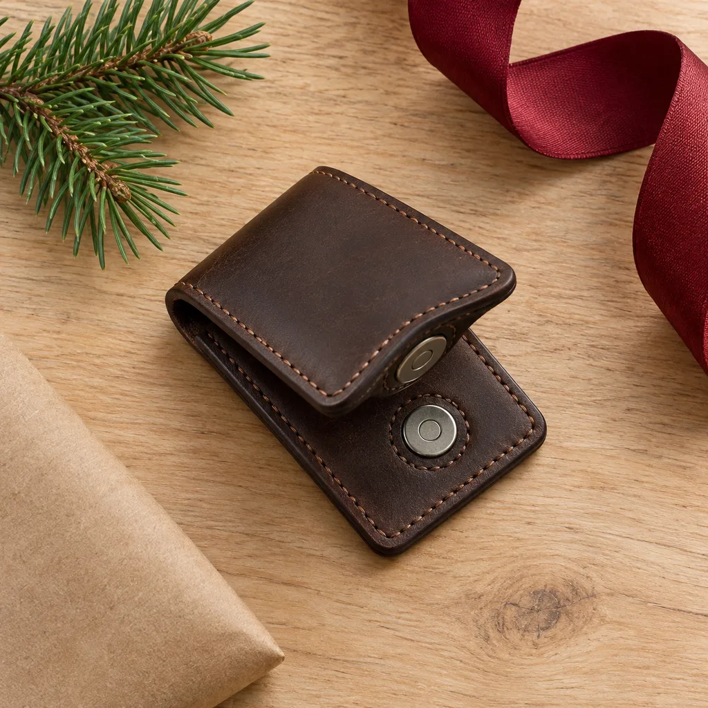 Representative photo-style image of secure magnetic closure money clip — generated, not a specific product