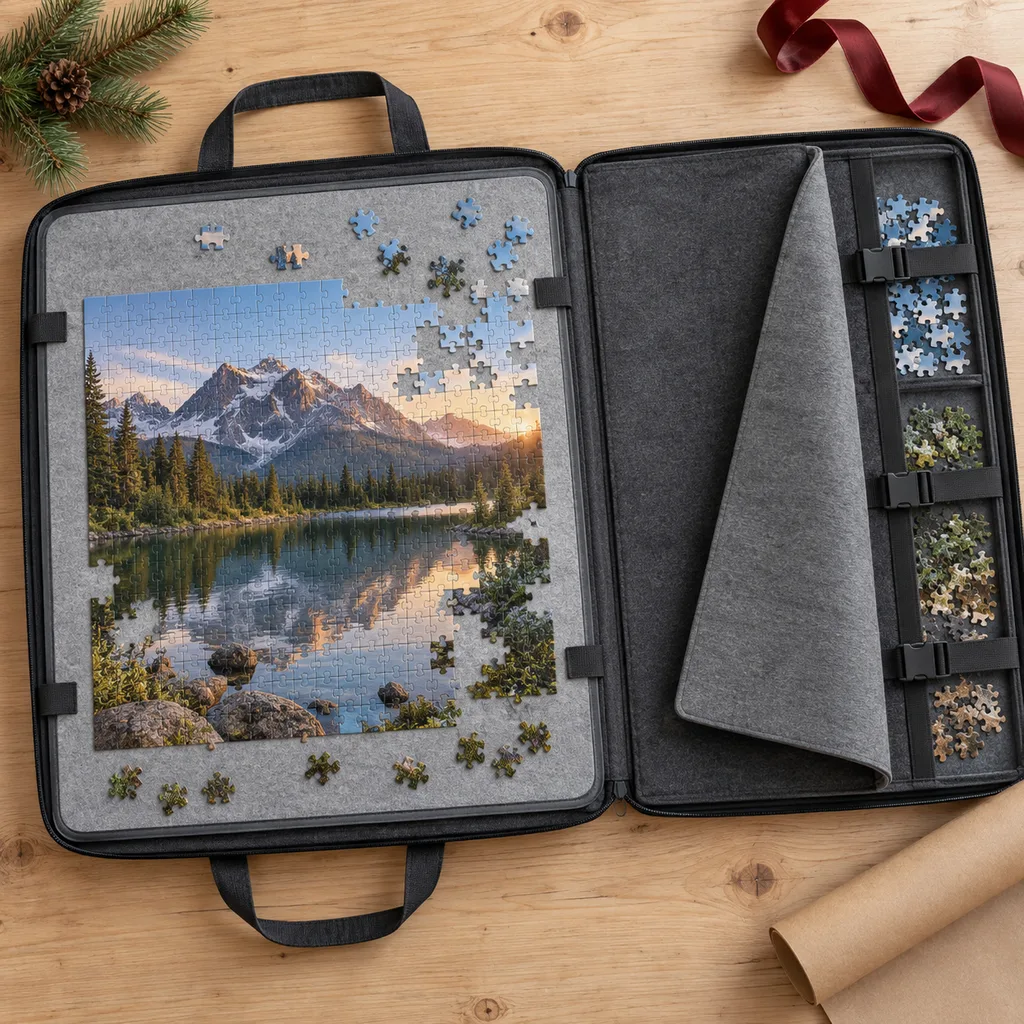 Representative photo-style image of secure portable puzzle carrier case — generated, not a specific product