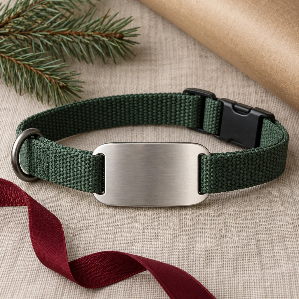 Representative photo-style image of secure slide-on pet id tag — generated, not a specific product