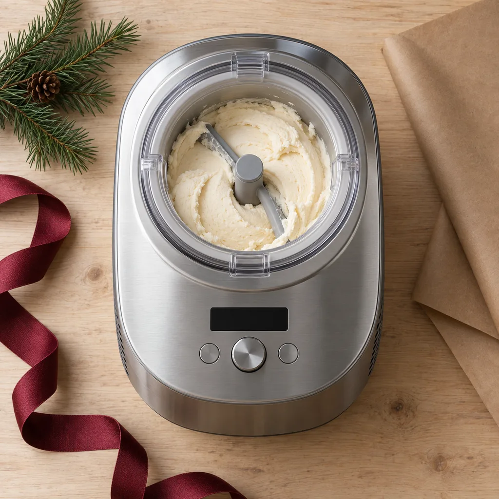 Representative photo-style image of self-refrigerating ice cream machine — generated, not a specific product