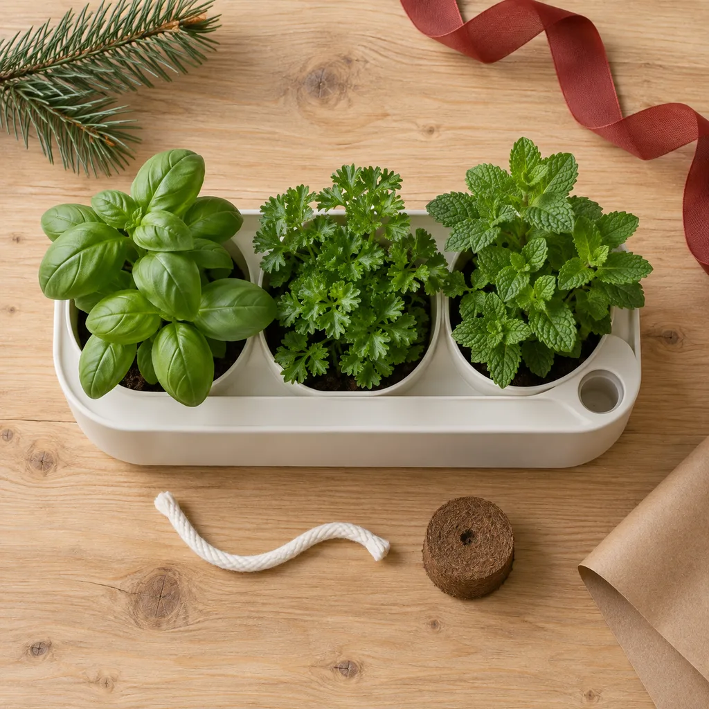 Representative photo-style image of self-watering herb planter kit — generated, not a specific product
