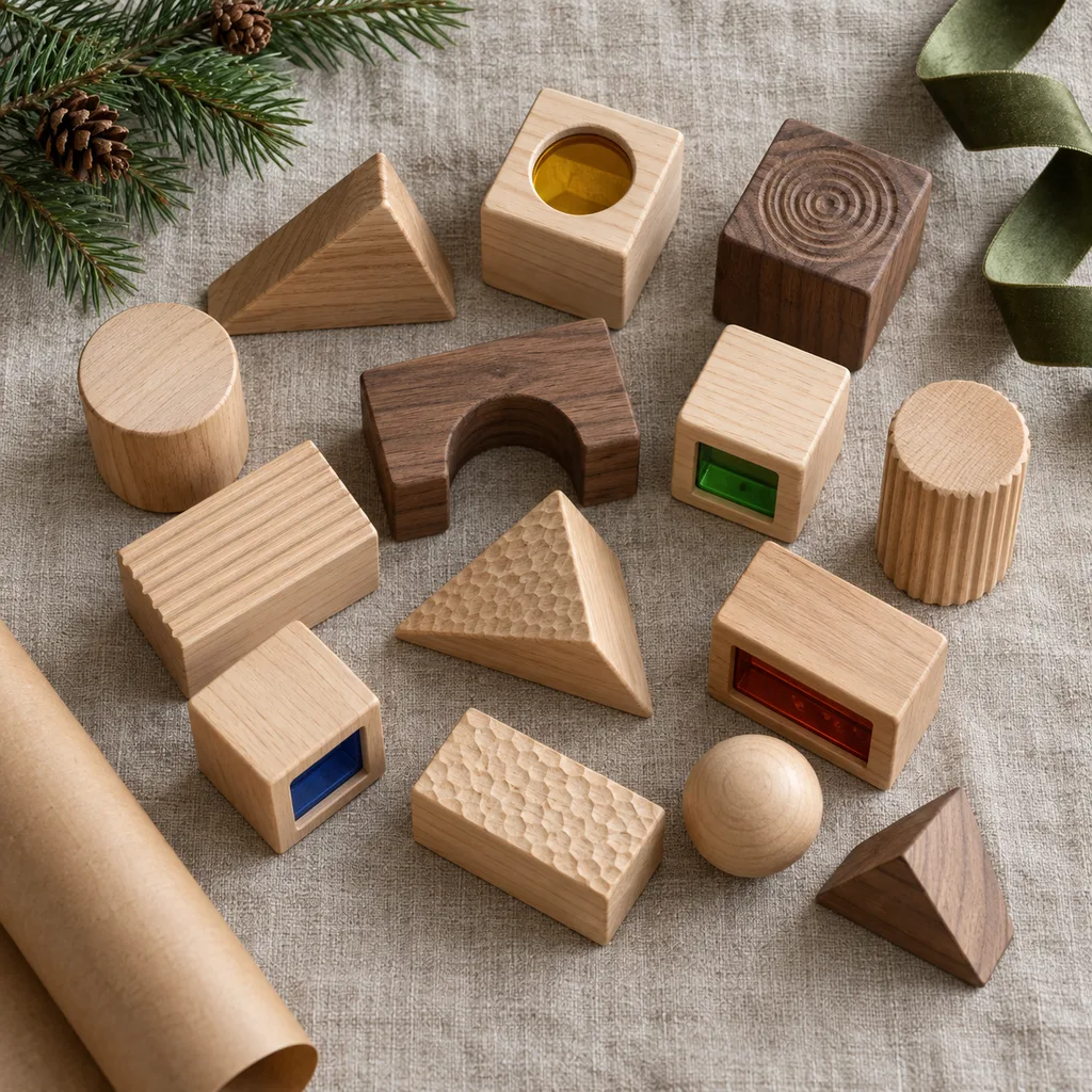 Representative photo-style image of sensory discovery wooden blocks set — generated, not a specific product