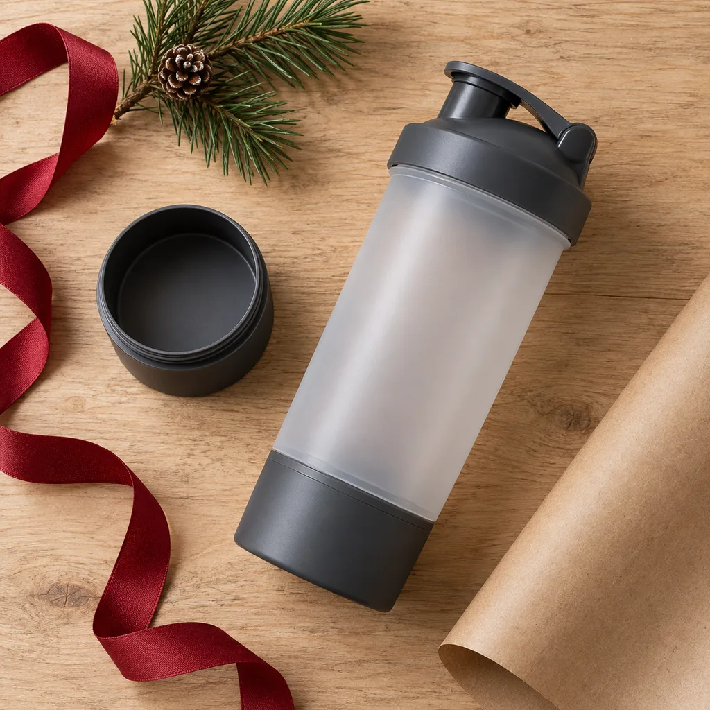 Representative photo-style image of shaker bottle with storage — generated, not a specific product