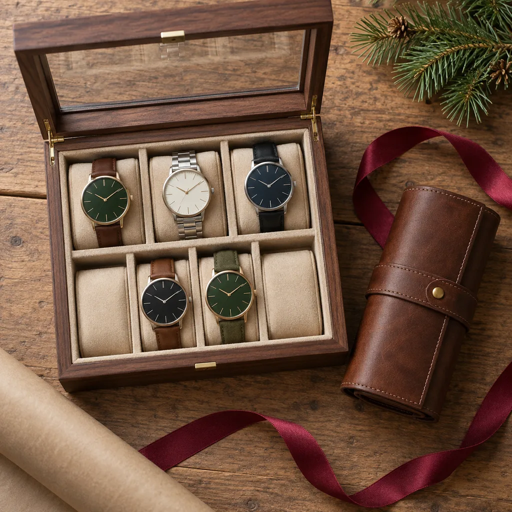Representative photo-style image of showcase watch display cabinet — generated, not a specific product